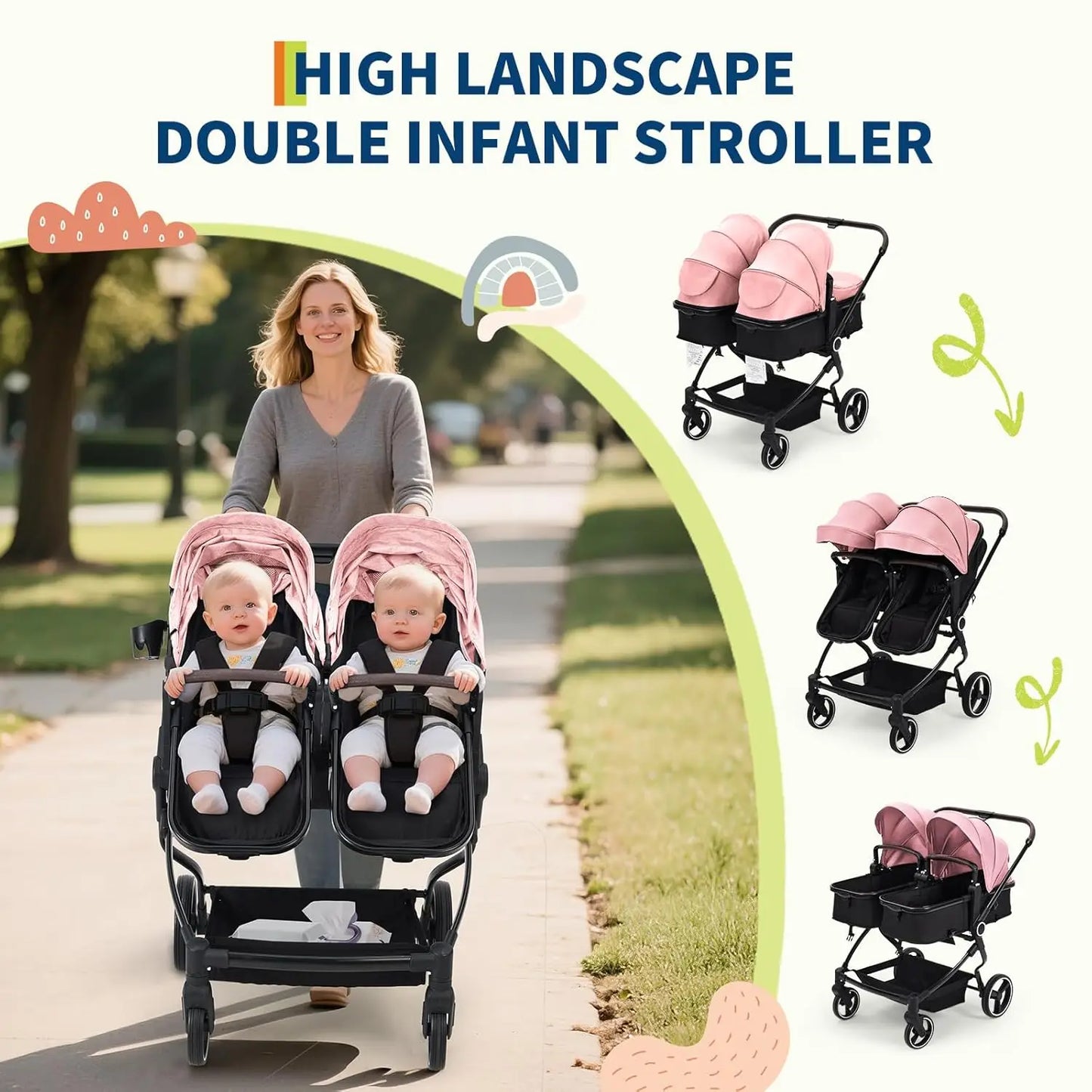 Side by Side Double Stroller for Twins,Lightweight Compact Foldable Baby Travel Stroller with High Landscape Seat