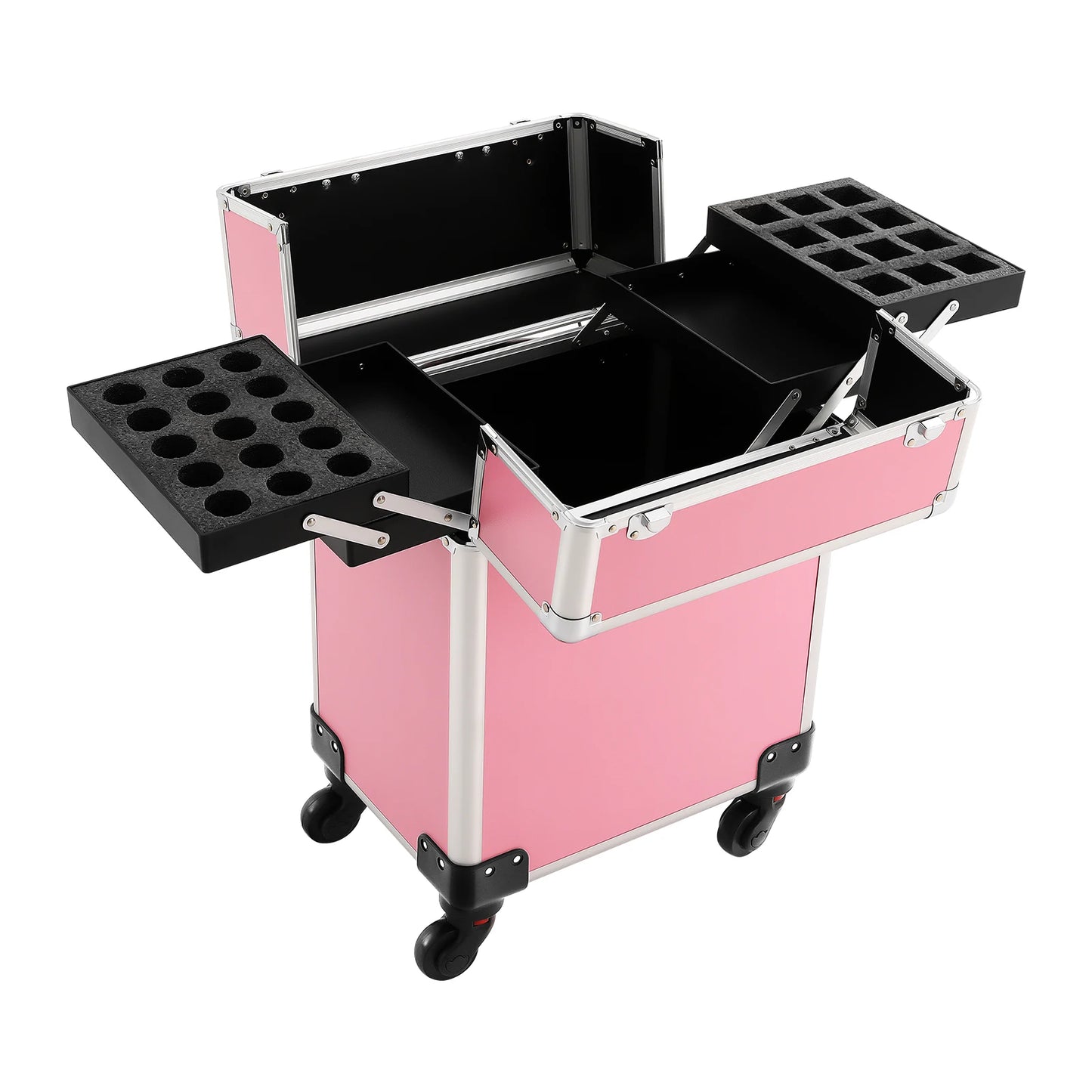 Rolling Makeup Train Case,Cosmetic Trolley with Keys,Hairdressing Travel Case,Large Capacity Trolley Makeup Box,Pink/Black