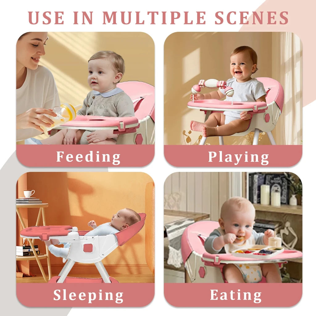 Foldable Baby High Chair Baby Dining Chair with Large Antislip Pad Toy Rack Easy to Clean Feeding Padding Case Accessories