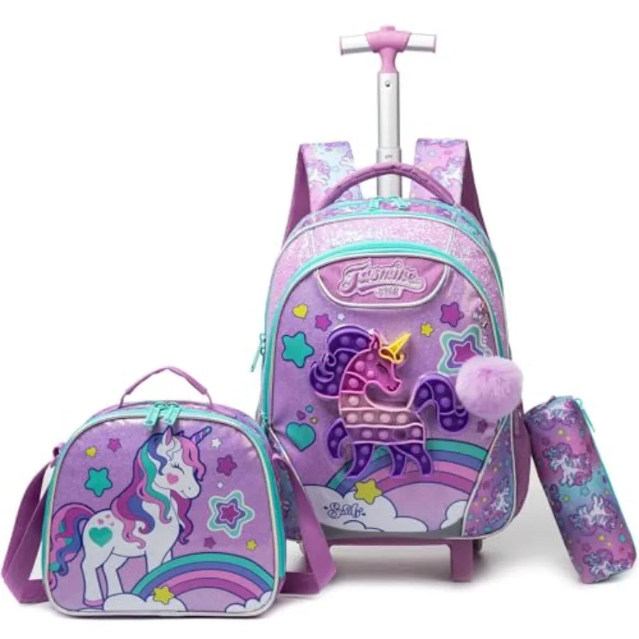 Unicorn Rolling Backpack with Wheels for Elementary Student Wheels Trolley Trip Luggage with Lunch Bag Pencil Case