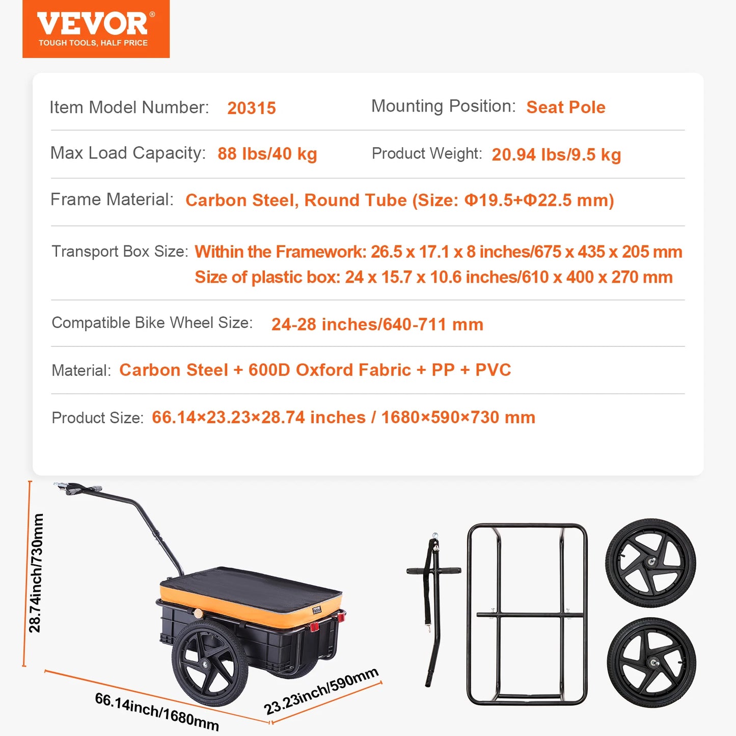 SucceBuy 88 lbs Bike Cargo Trailer Bicycle Wagon Cart Foldable Storage with 16"Wheels & Safe Reflectors Fits 24"-28" Bike Wheels