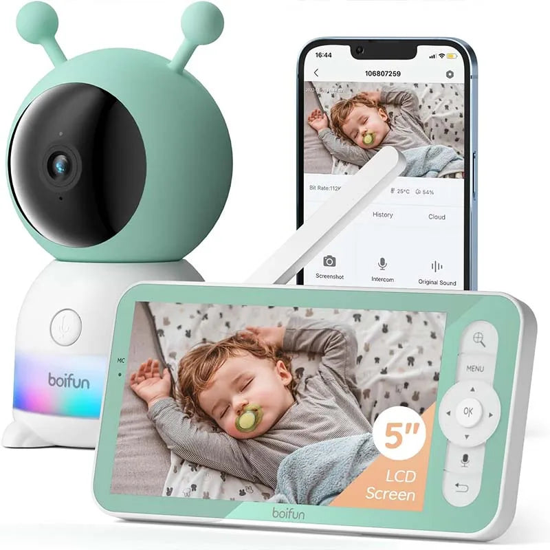 BOIFUN 2K 5" Baby Monitor Camera, 360° Rotation with Phone App, Colorful Night Lights, Motion Monitoring, Automatic Tracking