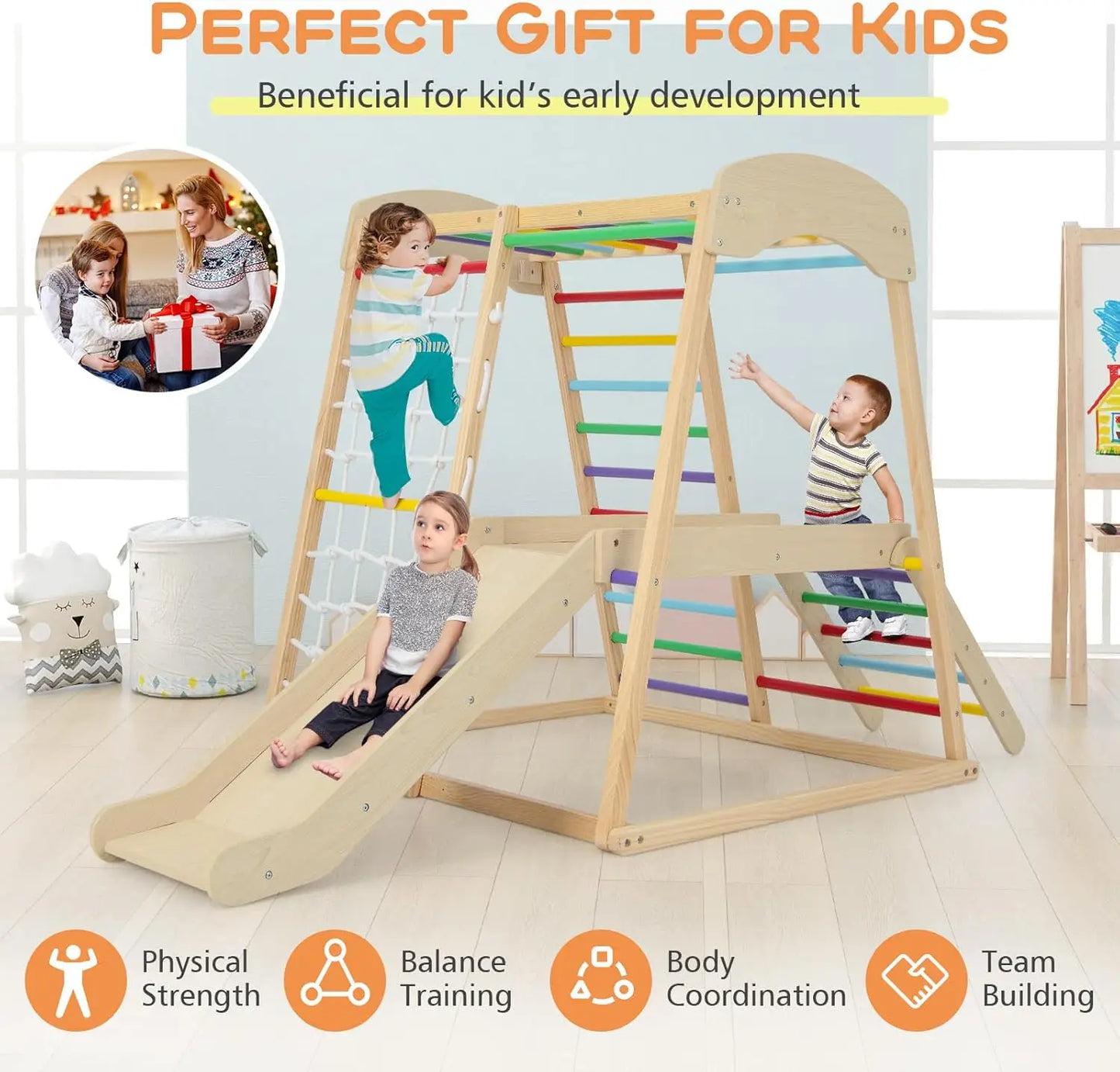 Kids Indoor Jungle Gym, Large 6-in-1 Playground Climber with Slide Ramp, Monkey Bars, Climbing Net, Ladder, Wooden Montessori