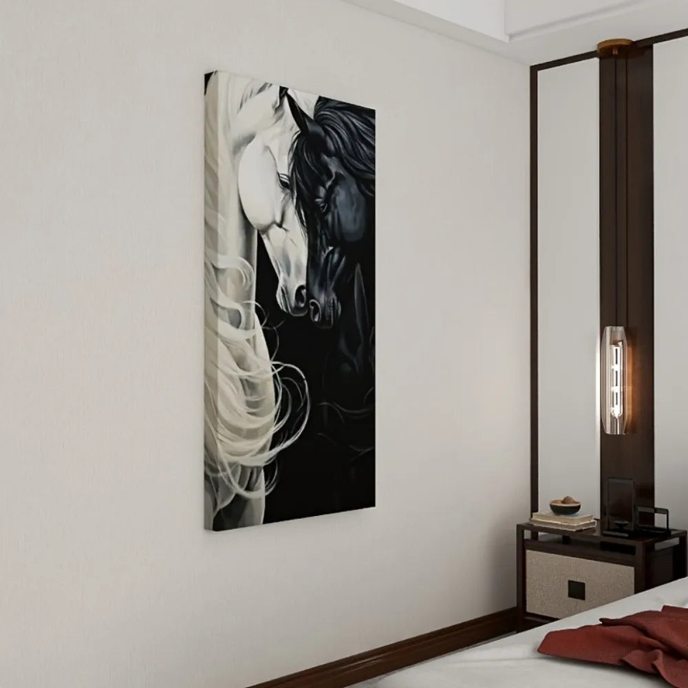 Modern abstract Black horse canvas wall art with 1.5 inch solid wood frame - stylish monochrome painting, minimalist decor