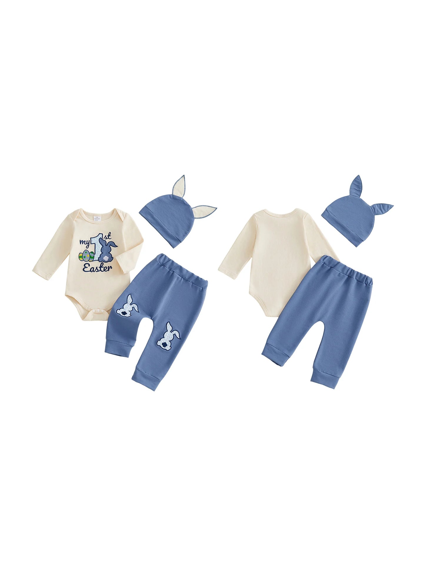 3Pcs Baby Boy Easter Outfit Crew Neck Long Sleeve Bunny Embroidery Romper Elastic Waist Pants and Hat Set for Spring