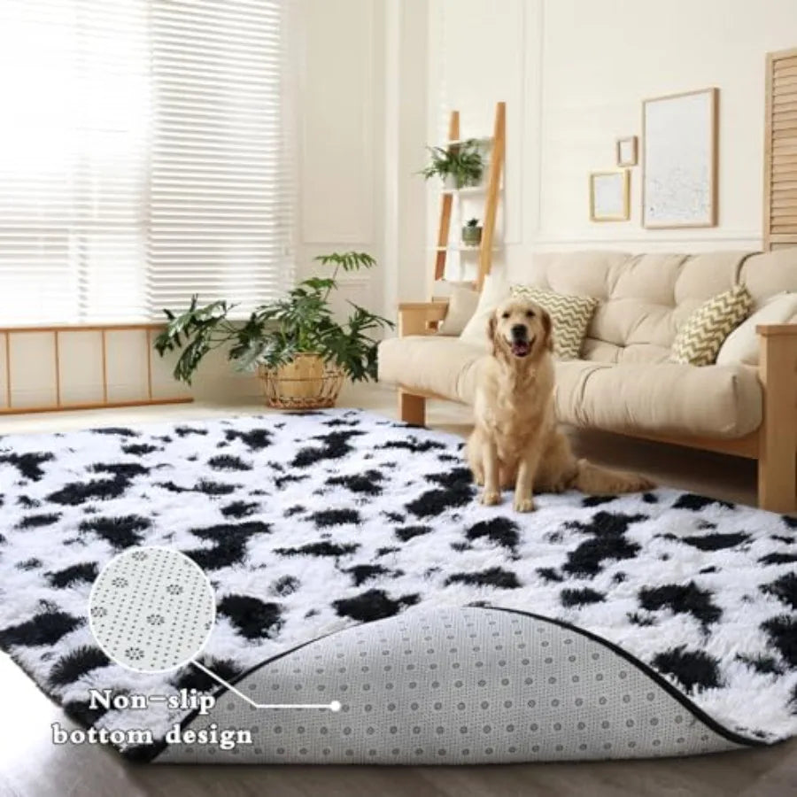 Fluffy Black White Rugs 6x9 Large Soft Plush Shaggy Cow Hide Girls Boys Rug Non-Slip and Machine Washable