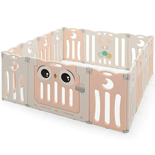 Baby Play Yard 14 Panel Owl Style Infant Playpen Activity Center for Toddlers Anti-Slip Base Lockable Door Indoor Portable Safe