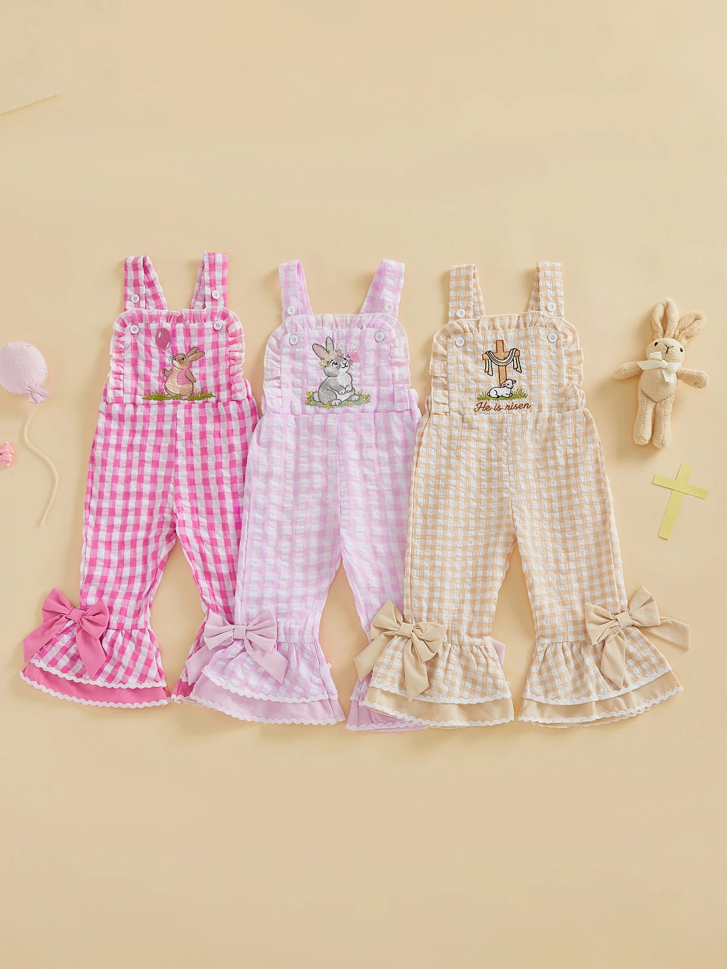 Toddler Girls Romper Jumpsuit Sleeveless Plaid Rabbit Embroidery Bell Bottom Overalls Kids Easter Clothes