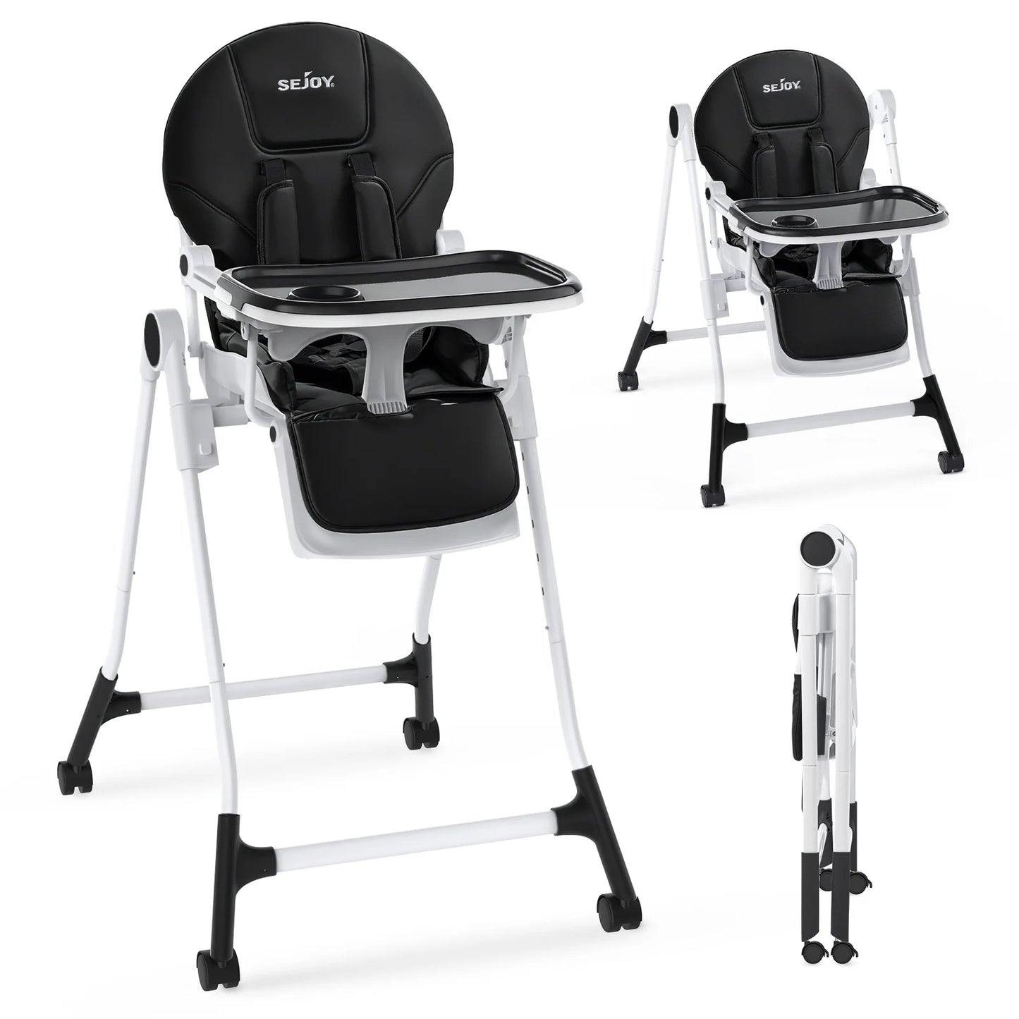 Sejoy Adjustable Baby High Chair with 5-Point Harness 3-Position Tray & Wheels CE/CPC Certified Children's Dining Chair