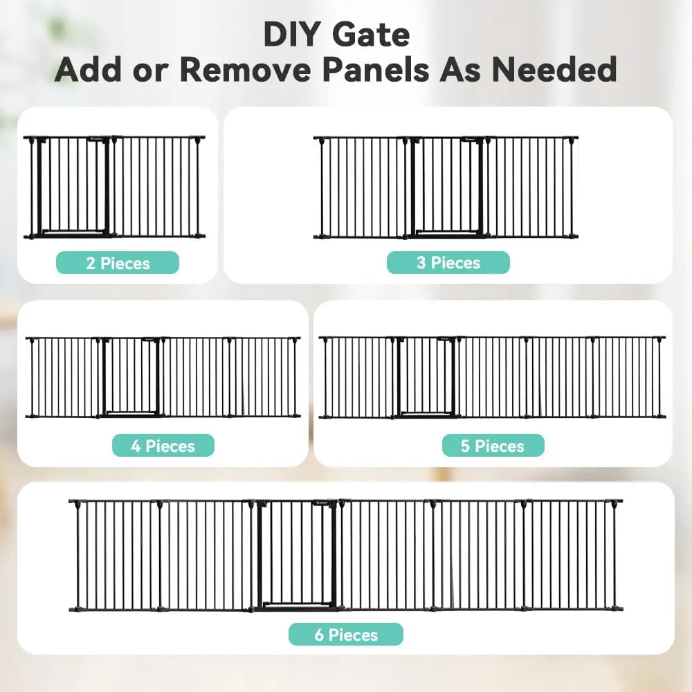150" Wide Auto-Close Baby and Pet Gate with Door, 6 Panels for Indoor/Outdoor Safety, Black