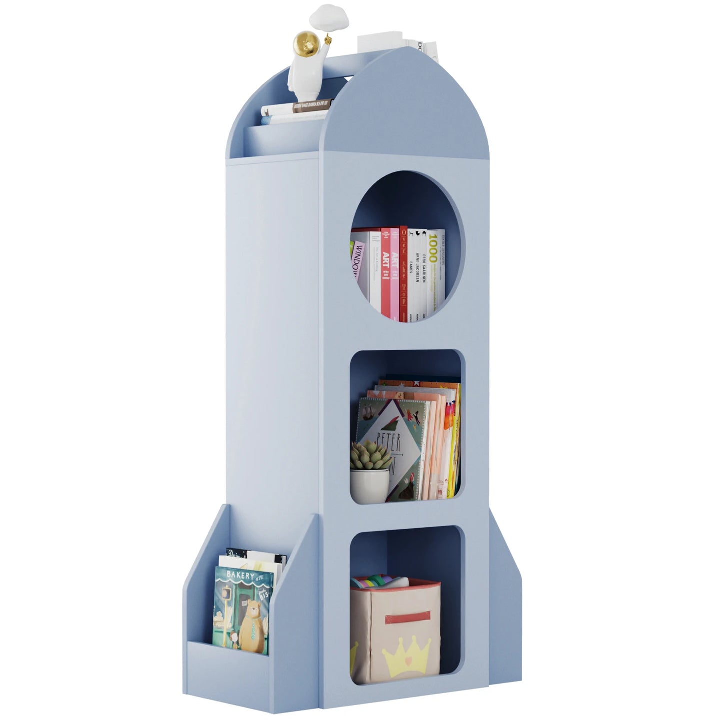 3-Tier Rocket Baby Book Shelf Side shelves, Wood Open Toddler Bookcase, Kids Bookshelf & Toy Storage, Spacious Display Organizer