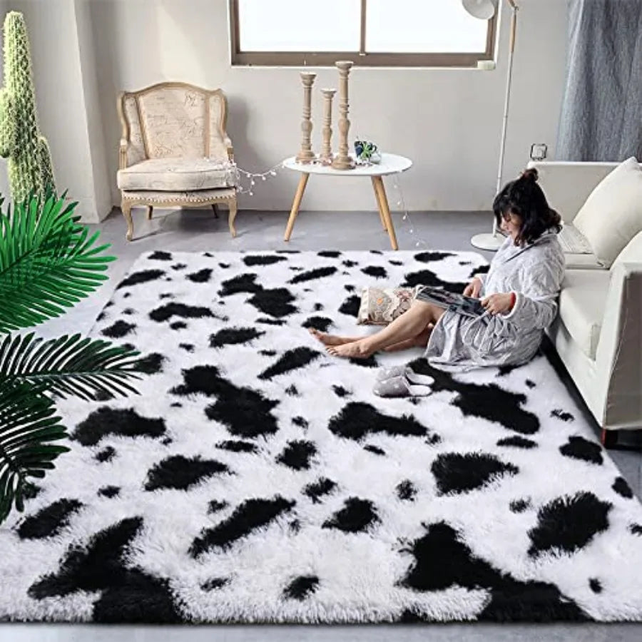 Fluffy Black White Rugs 6x9 Large Soft Plush Shaggy Cow Hide Girls Boys Rug Non-Slip and Machine Washable