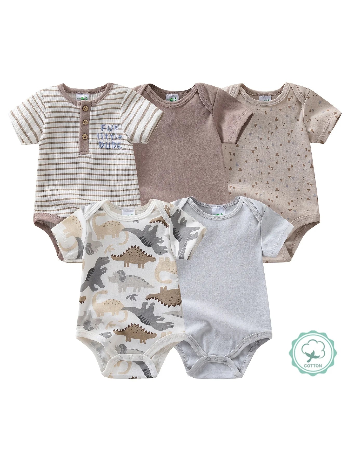 5pcs Newborn Baby Boy Short Sleeve Bodysuits, Cotton Cute Dinosaur Cartoon Rompers, Infant 1pc Jumpsuits, Round Neck Summer Outfits, Hospital Bag Essentials