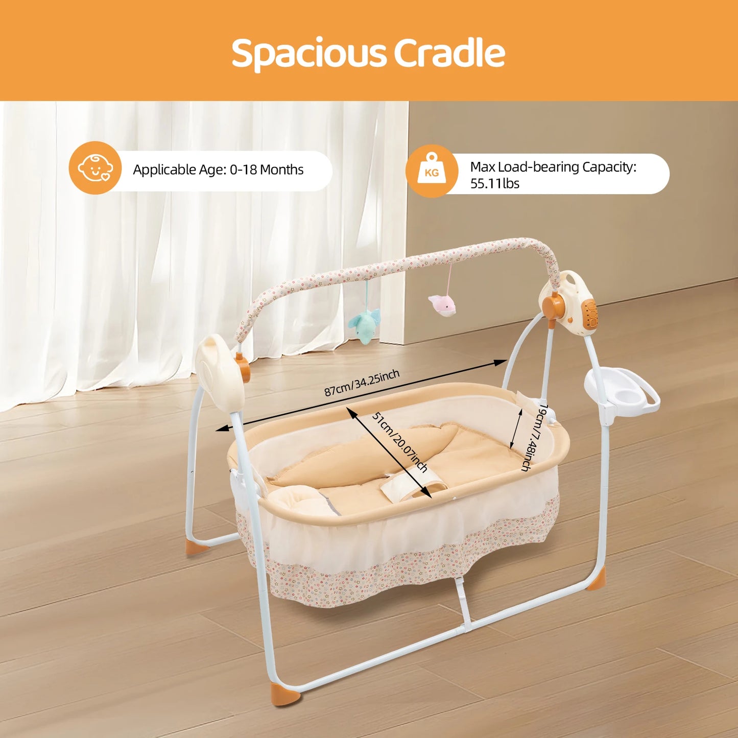Electric Baby Cradle 25kg Load-Bearing Dual Control Baby Swing Foldable Infant Sleep Cradle with Music Bluetooth for 0-18 Months