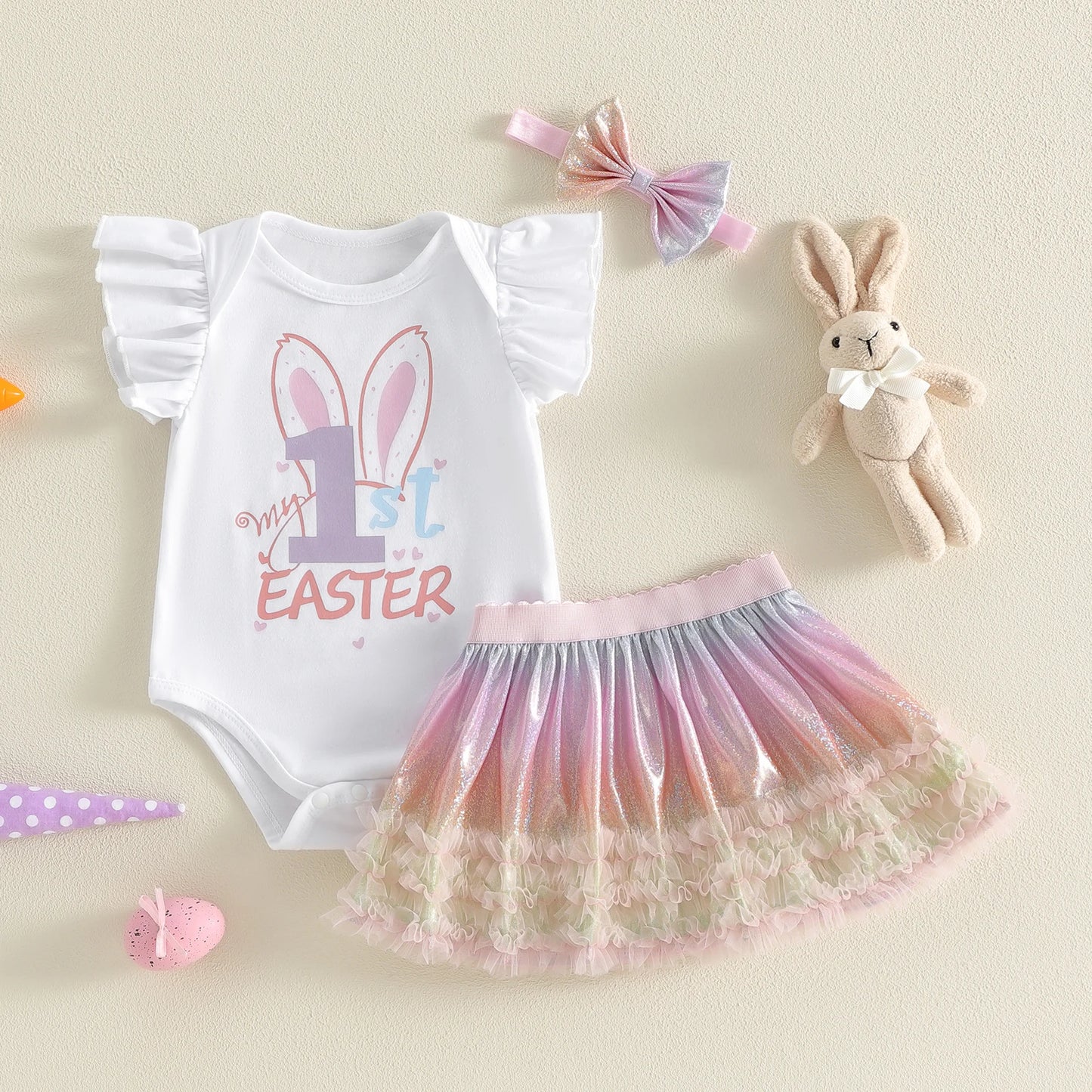 Adorable Baby Girl Easter Outfit with Bunny Ear Print Romper Rainbow Skirt and Bow Headband - 3 Piece Set for Her First