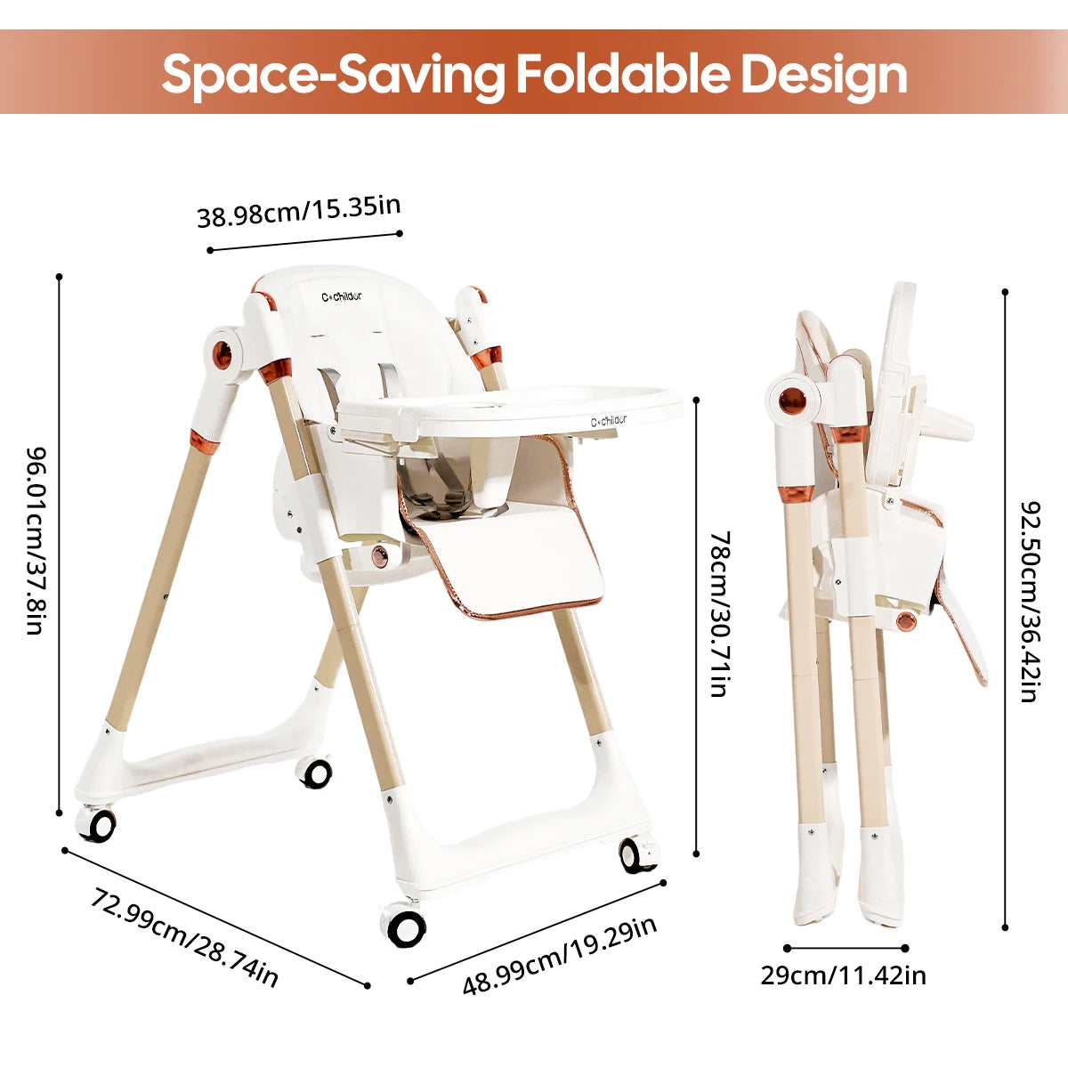 Baby High Chair, 3-in-1 Foldable Booster Seat with Adjustable Height, Recliner, 5-Point Safety Harness, Removable Tray, Lockable