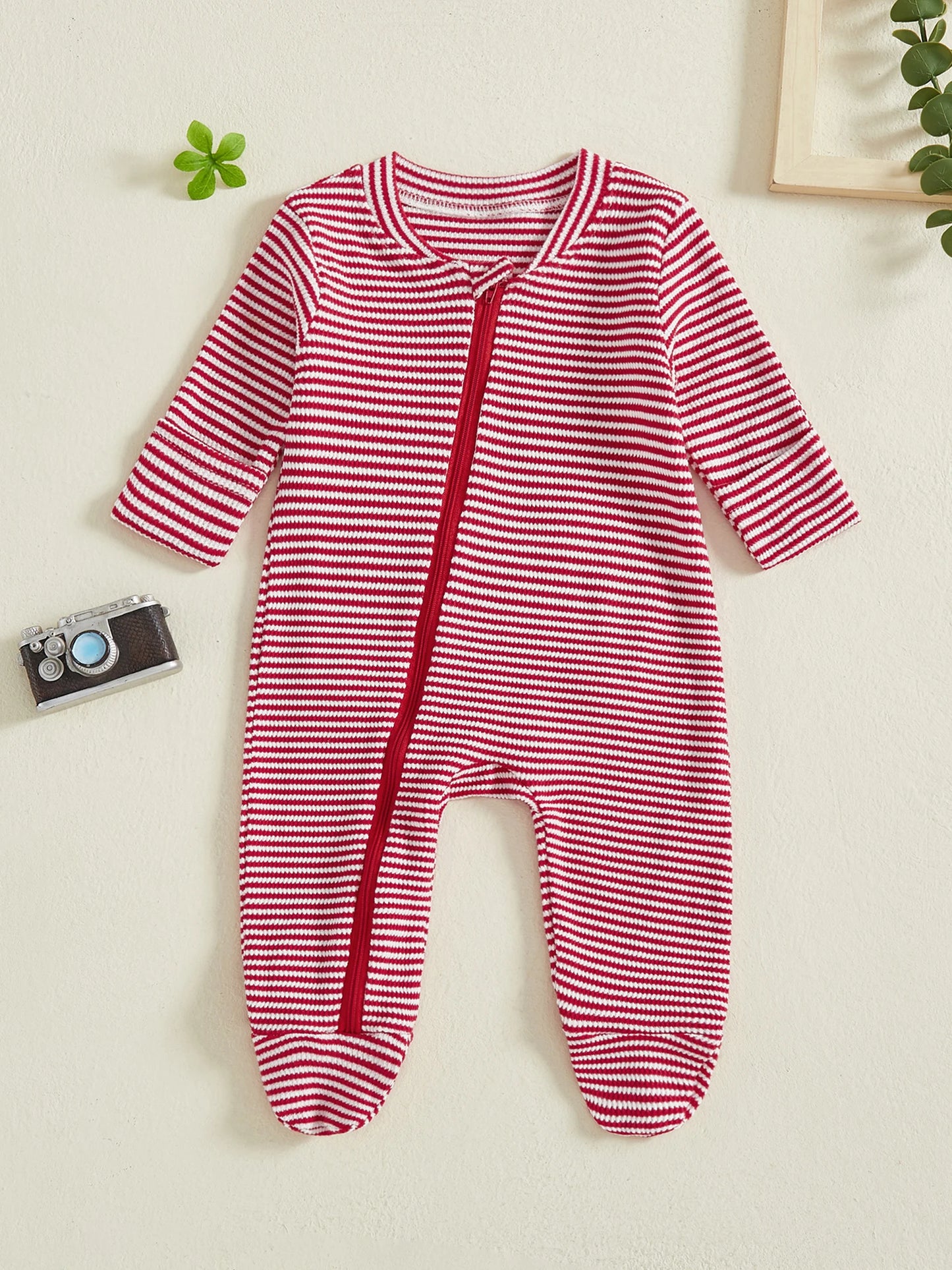 Infant Unisex First Christmas Bodysuit Round Neck Long Sleeve Striped Footed Pajama with Full-Length Zipper Closure