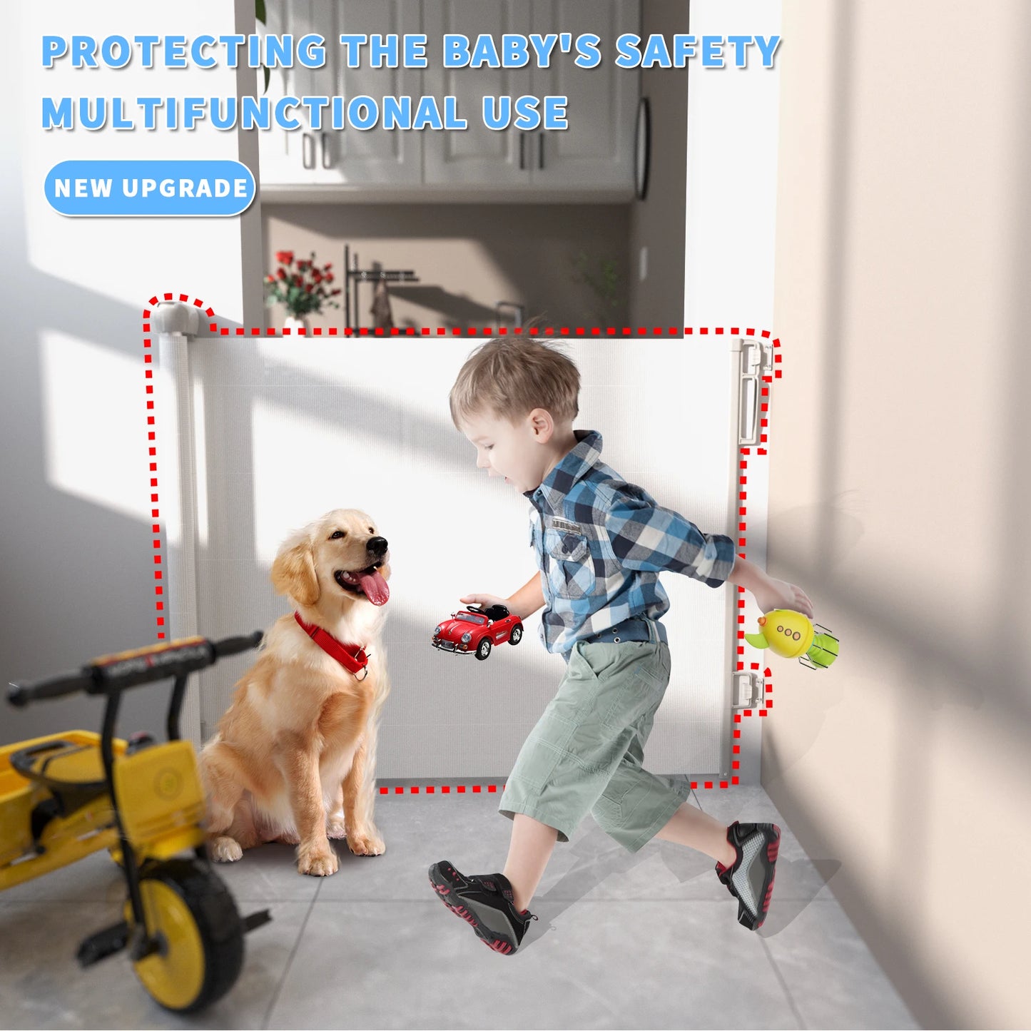 Extra Wide Kids Pets Gate Retractable Dog Gate for Babies, White Child Baby Gates, One Handed Operation Mesh Safety