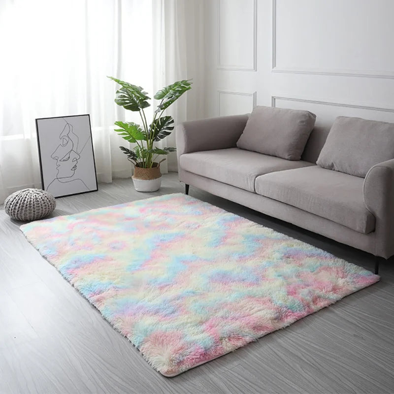 Fluffy Bedroom Rug Carpet Rugs for Bedroom Soft Long Plush Rug Tie-Dye Rainbow Area Rugs for Living Room Cute Room Decorations