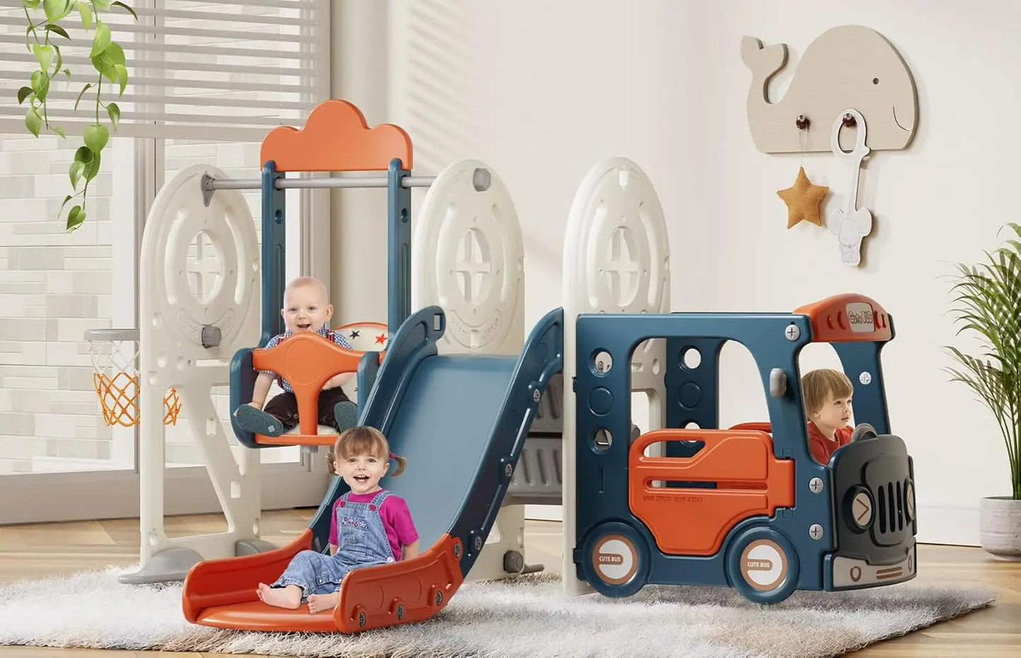 4 in 1 Toddler Slide, Bus Themed Baby Slide for Toddlers Age 1-3, with Basketball Hoop, Indoor Outdoor Playset Playground