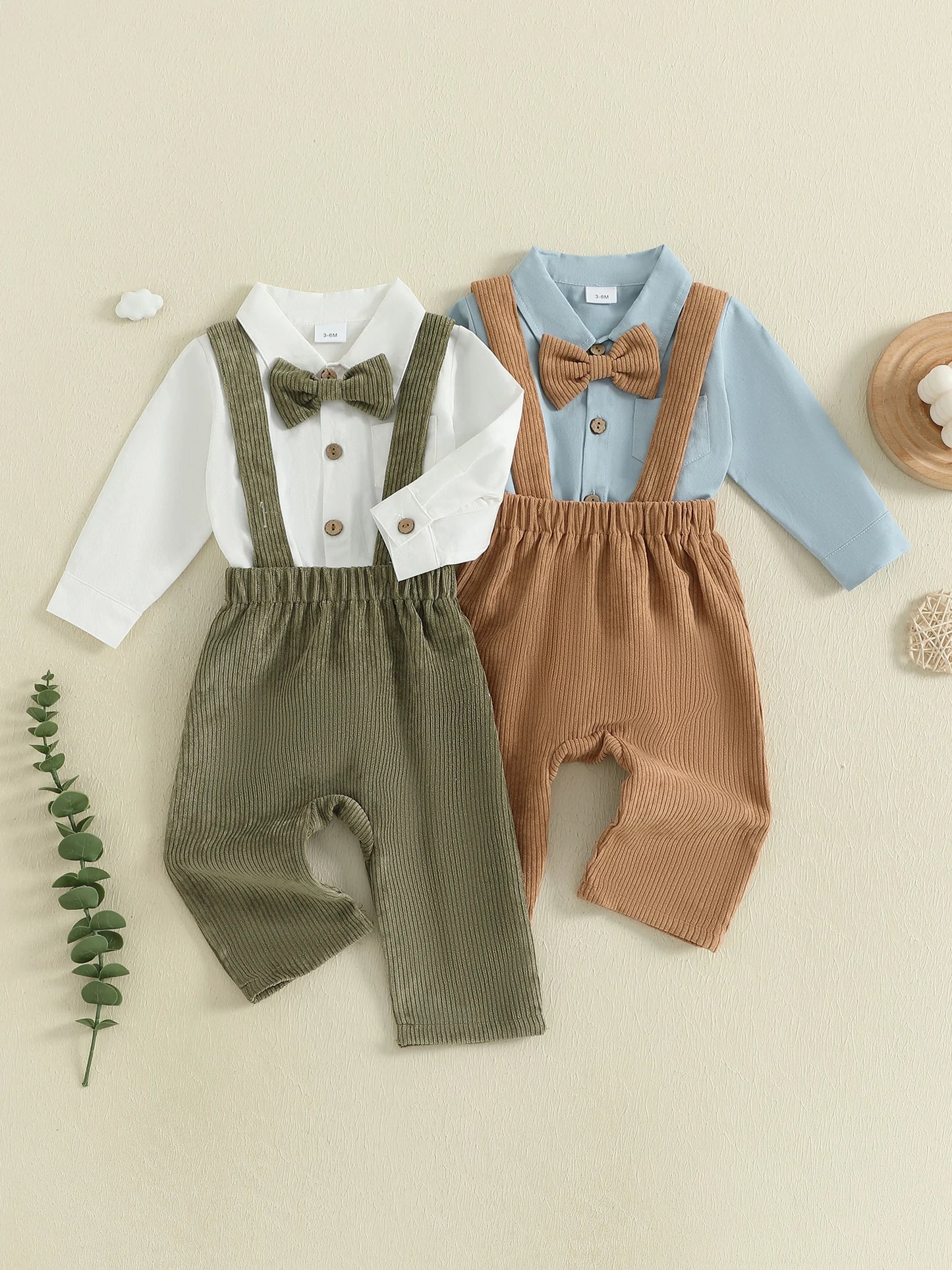 Baby Boy Formal Wear Set Solid Color Button up Shirt Romper with Bow Tie and Suspender Pants for Gentleman Style