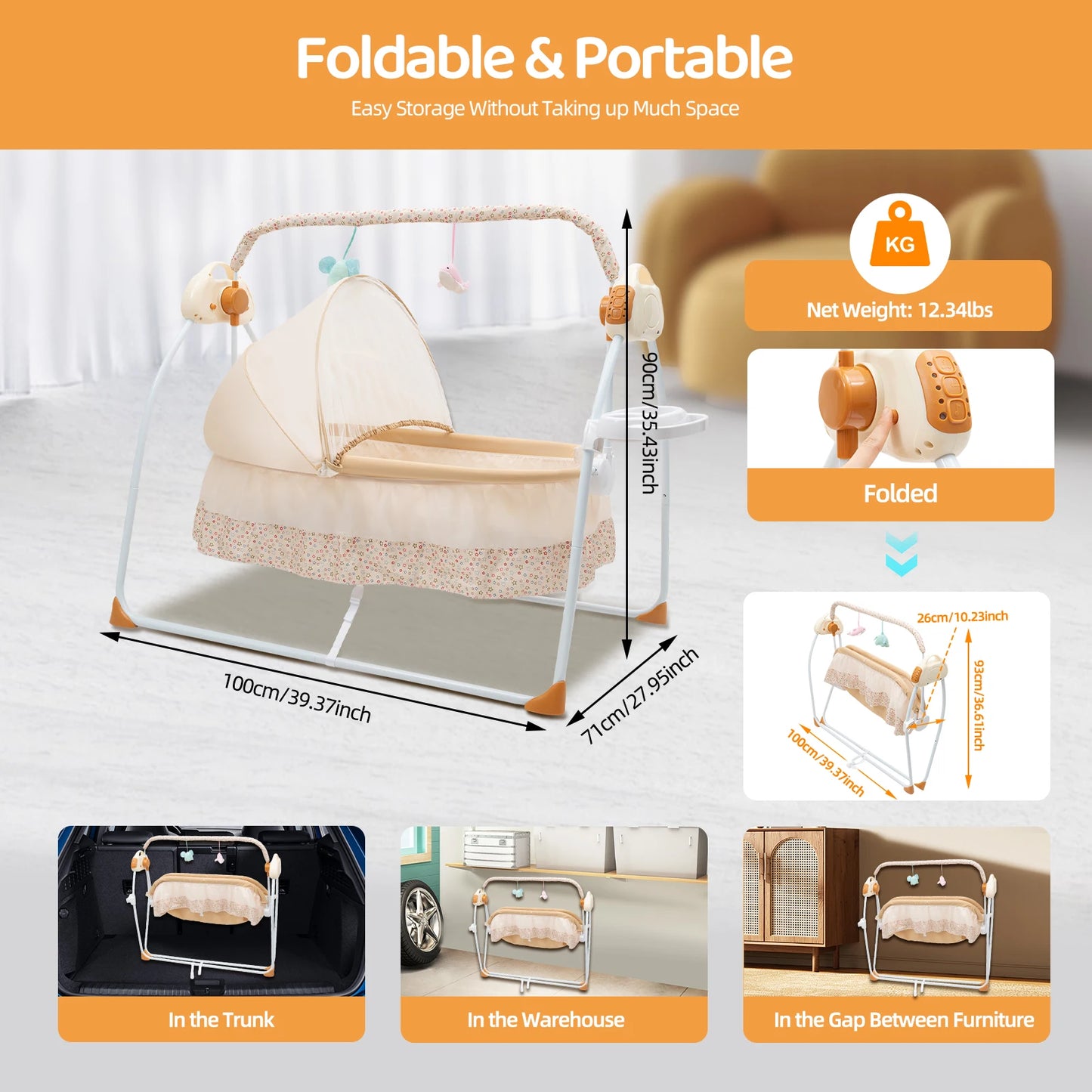 Electric Baby Cradle 25kg Load-Bearing Dual Control Baby Swing Foldable Infant Sleep Cradle with Music Bluetooth for 0-18 Months