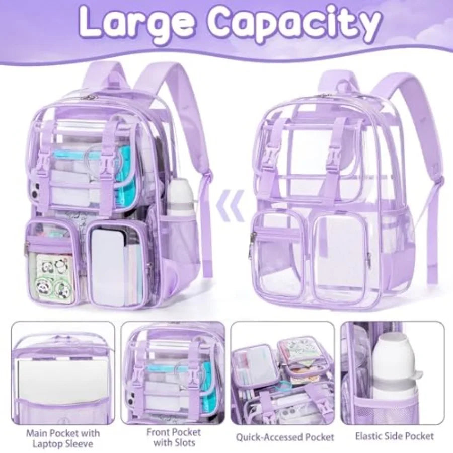 Clear Backpack for Girls - 3 PCS Heavy Duty Boys Clear Bags Schoolbag Large Transparent PVC Bookbag with Lunch Box Pencil Case