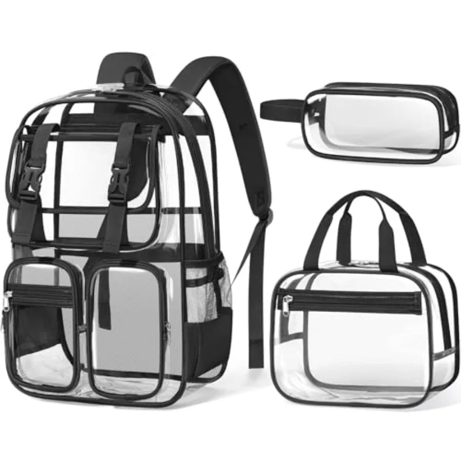 Clear Backpack for Girls - 3 PCS Heavy Duty Boys Clear Bags Schoolbag Large Transparent PVC Bookbag with Lunch Box Pencil Case