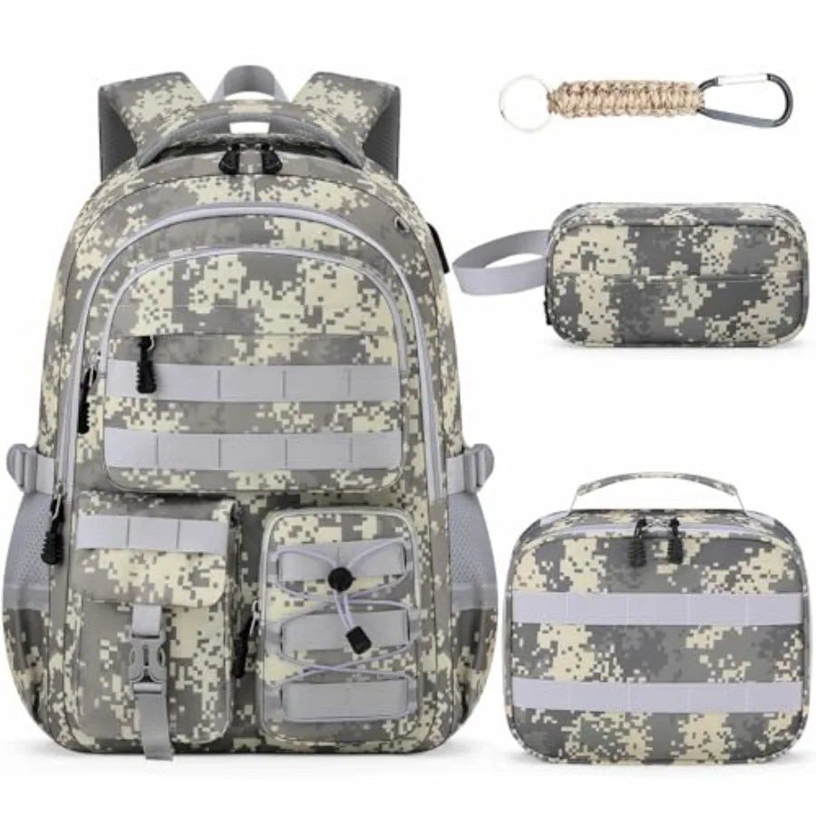 School Backpack for Boys - 4pcs Camo Boys Backpack with Lunch Box Set for Teens Elementary Middle High School - 18" Camouflag