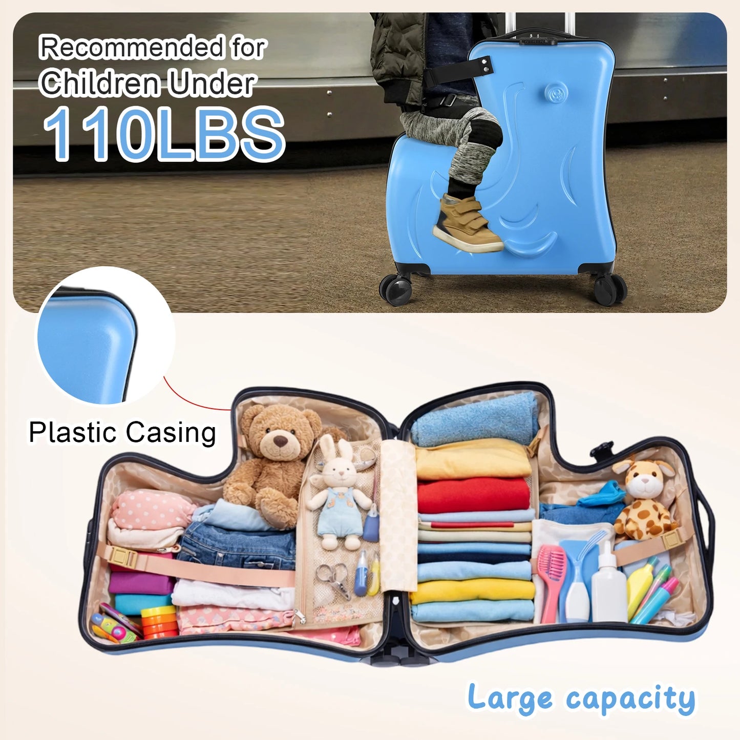 Ride-On Luggage, 24 Inch Portable Kids Travel Suitcase with Password Lock and Durable Wheels for Summer Camps and Sleepovers