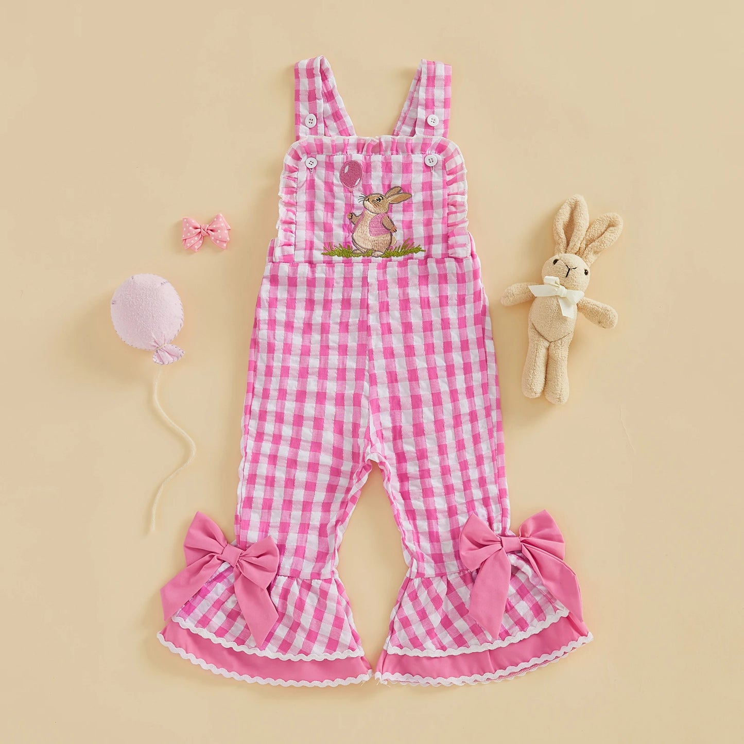 Toddler Girls Romper Jumpsuit Sleeveless Plaid Rabbit Embroidery Bell Bottom Overalls Kids Easter Clothes