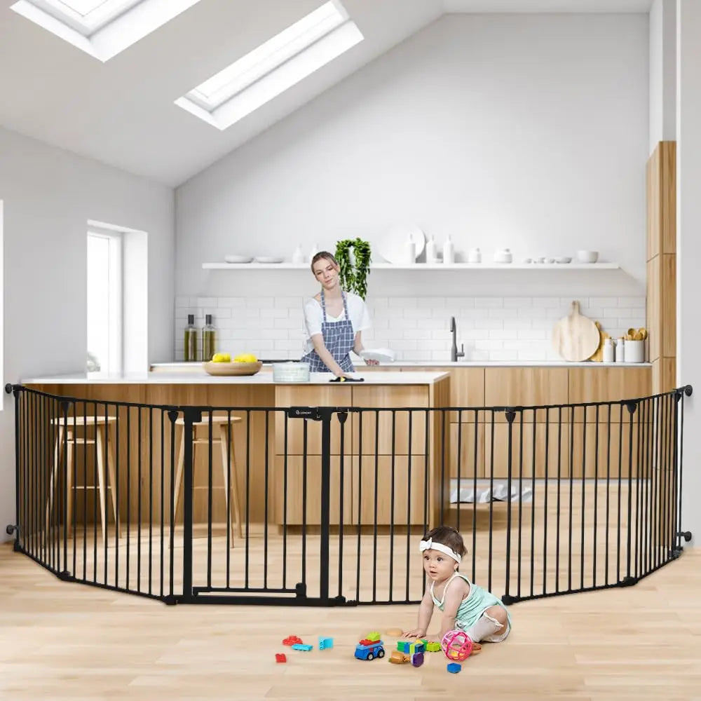 150" Wide Auto-Close Baby and Pet Gate with Door, 6 Panels for Indoor/Outdoor Safety, Black