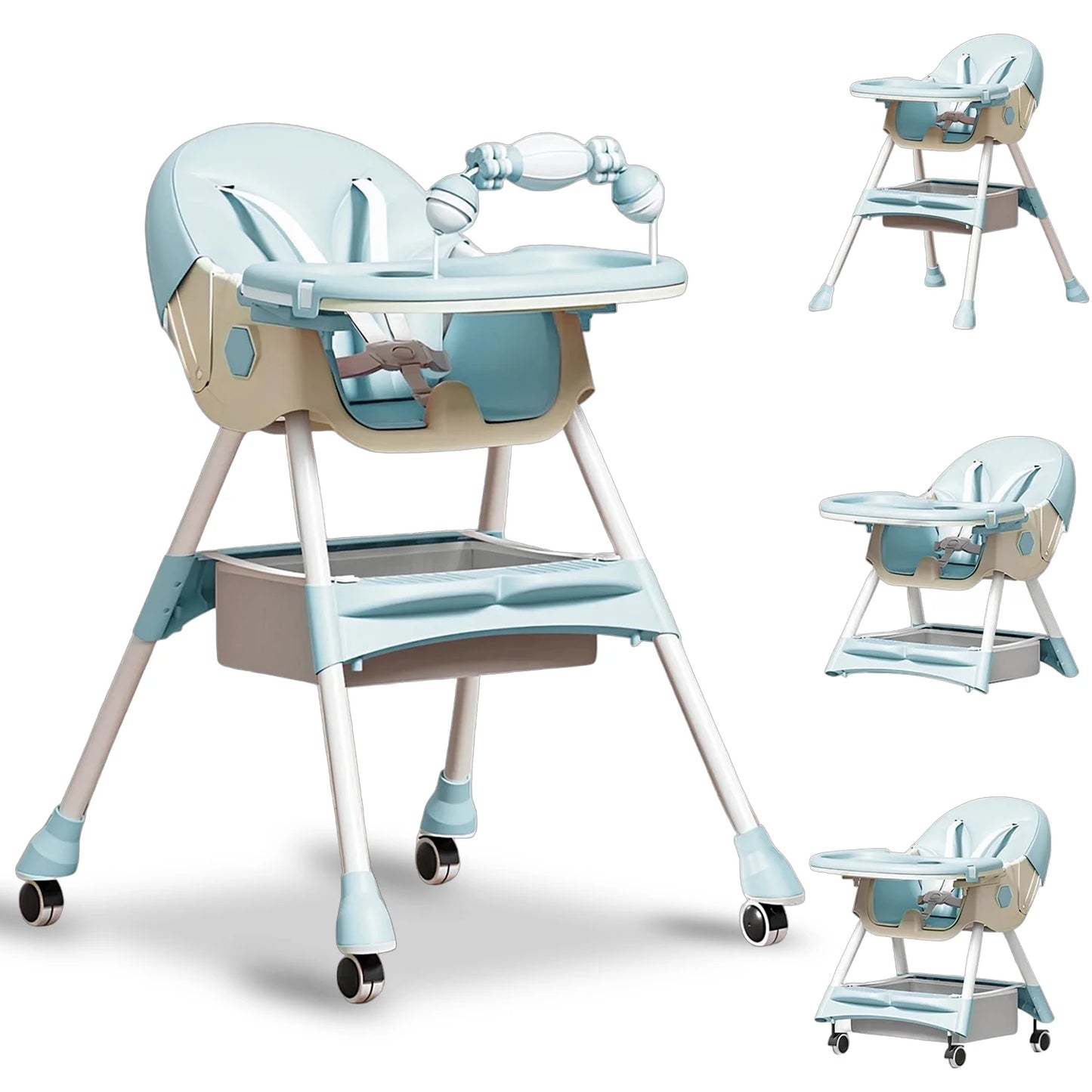 Baby Dining Chair Foldable Baby High Chair 6 Months Plus With Toyrack Easy To Clean Feeding With Brakeable Universal Wheel