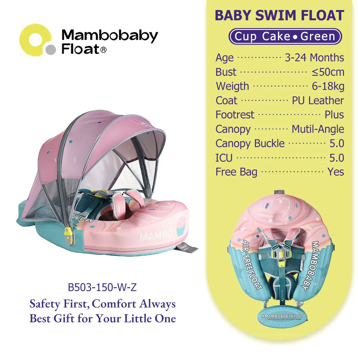 Mambobaby Float No-Slip Safe Harness ST-Cup Cake B503-150-W-Z  Safe Core No Inflation No Leaks Baby Swim Ring Toddler Pool Float