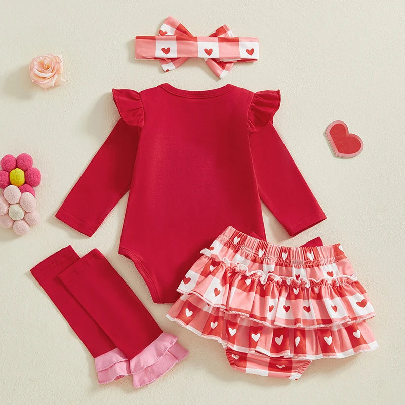 Baby Girl 1st Valentine Outfit Letter Print Long Sleeve Romper with Heart Print Skirt Pants and Bow Tie Headband Socks Set