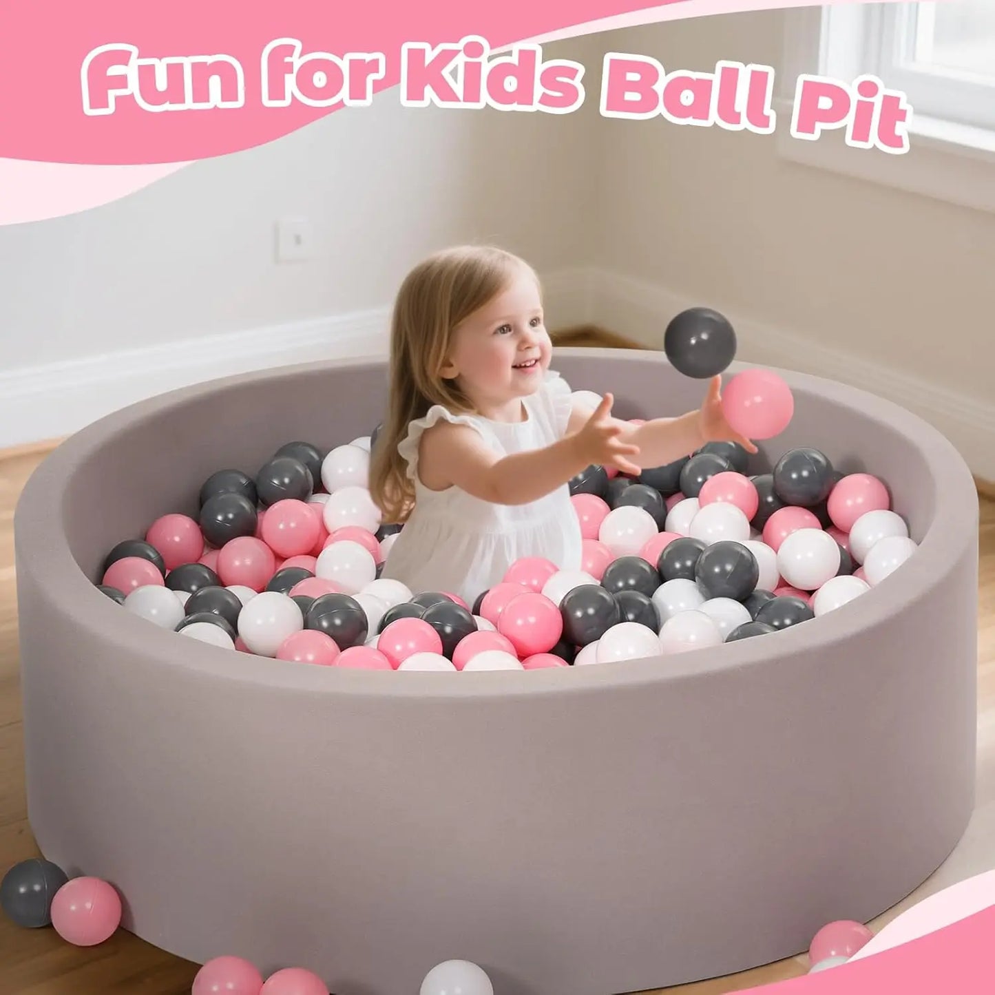 Ball Pit Balls for Toddlers: 50 Colorful Pink, White, and Grey Balls – BPA-Free, Phthalate-Free, Crush-Resistant Plastic, 2.2 In