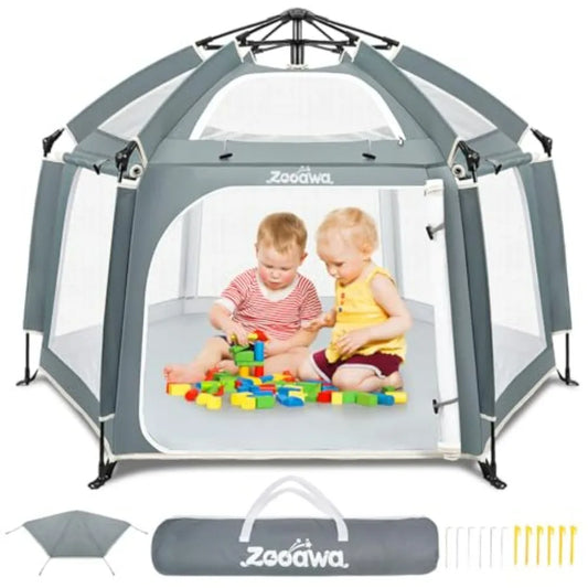 Light Gray Pop Up Playpen for Baby 150100 cm LH with Removable Sun-Shades 2 Side UV Covers Lightwght Outdoor Baby Playpen