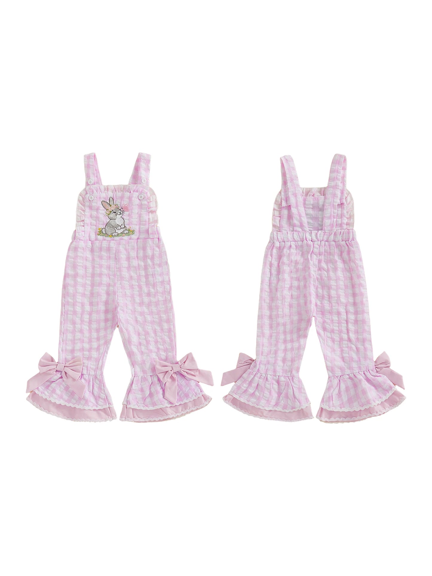 Toddler Girls Romper Jumpsuit Sleeveless Plaid Rabbit Embroidery Bell Bottom Overalls Kids Easter Clothes