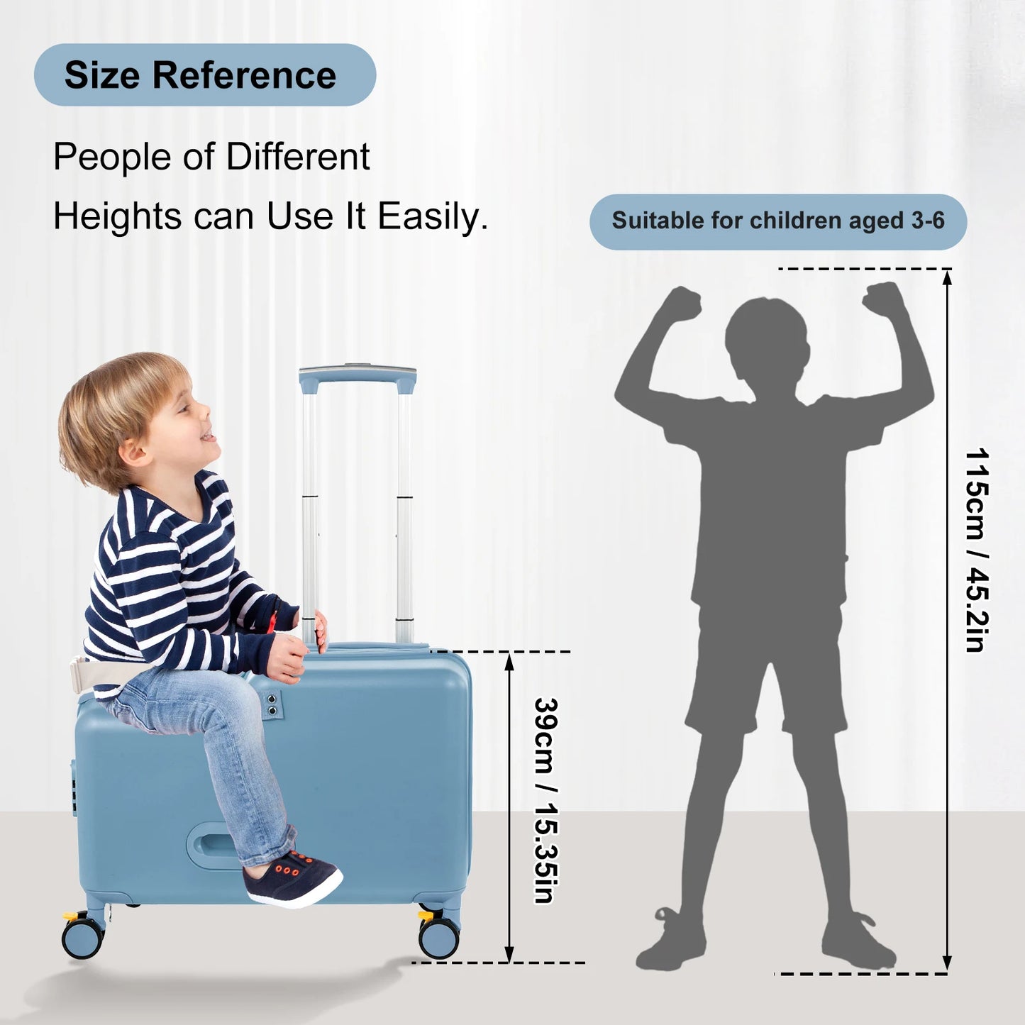 Kids Ride-On Suitcase Children's Travel Suitcase 20 Inch Travel Carrier Cabin Case with Foot Pedal, Wheels, Safe Harness Stroller