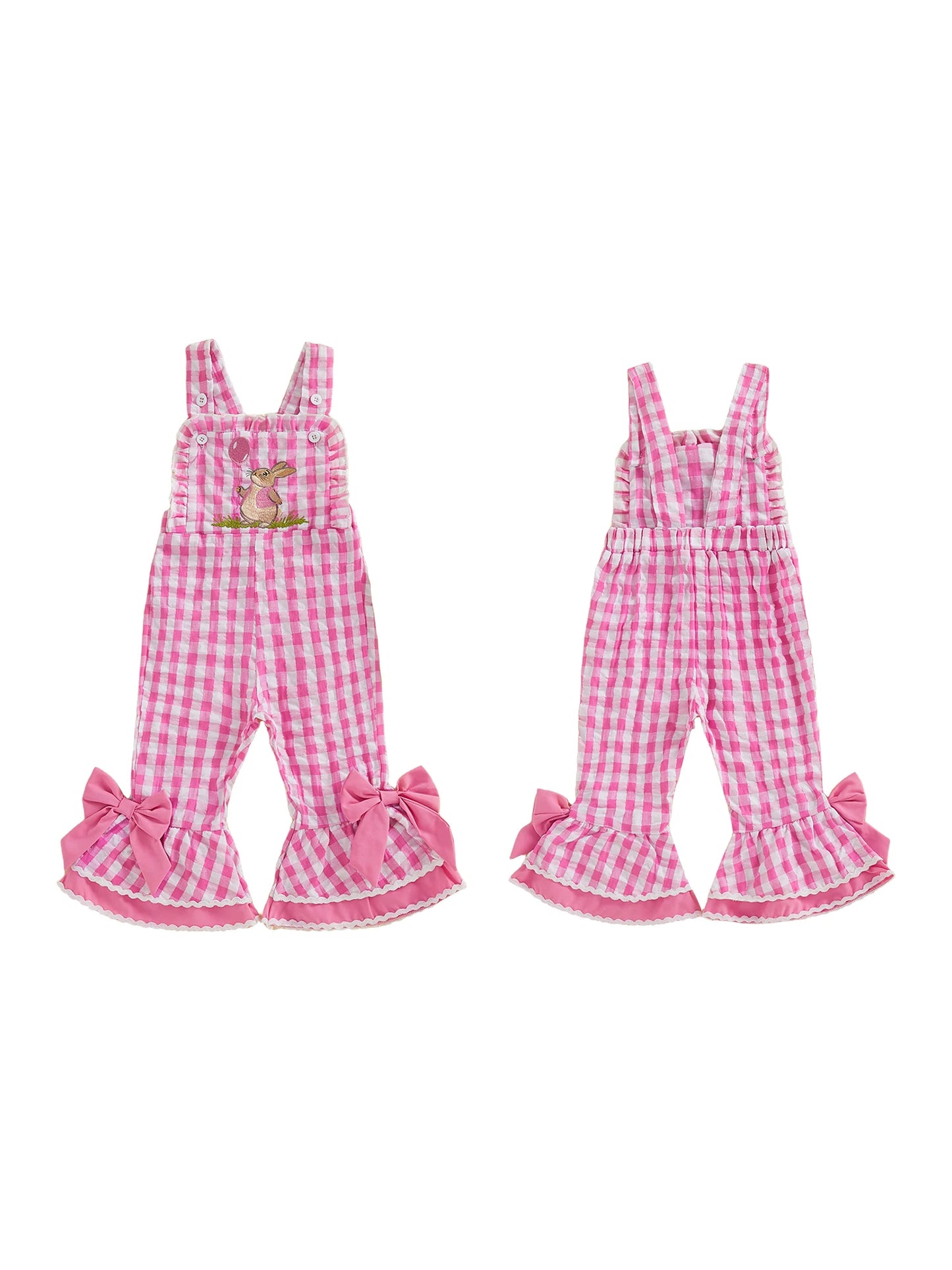 Toddler Girls Romper Jumpsuit Sleeveless Plaid Rabbit Embroidery Bell Bottom Overalls Kids Easter Clothes
