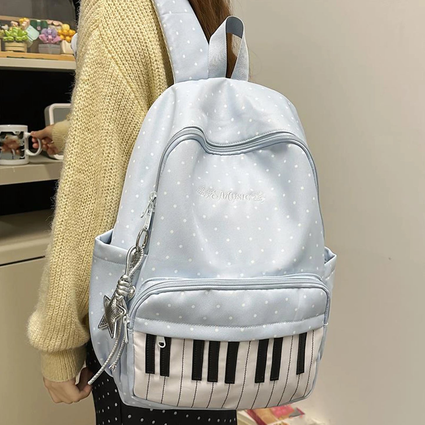 Nylon Polka Dot Piano Key Backpack 16.9 Inch with Pendant Travel Daypacks for Teen Girls Travel Shopping Daily Use