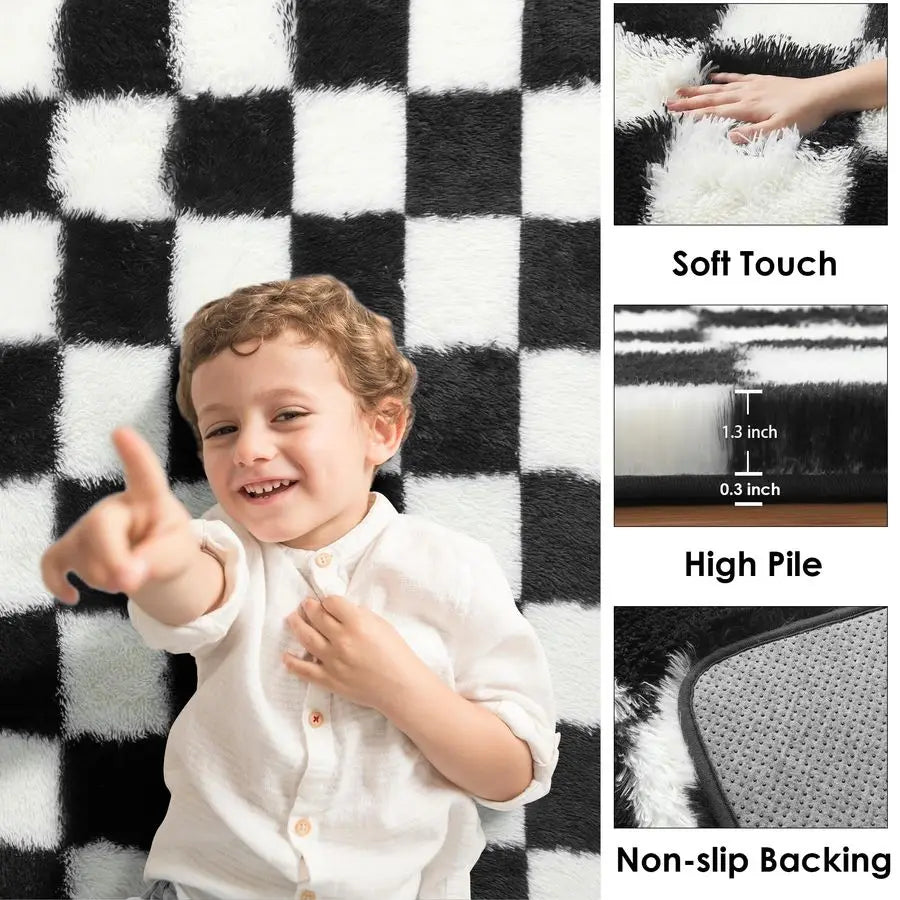 Area Rug Black and White Fluffy Shag Soft Checkered