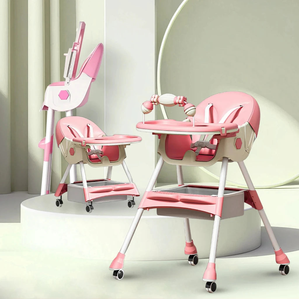 Foldable Baby High Chair Baby Dining Chair with Large Antislip Pad Toy Rack Easy to Clean Feeding Padding Case Accessories