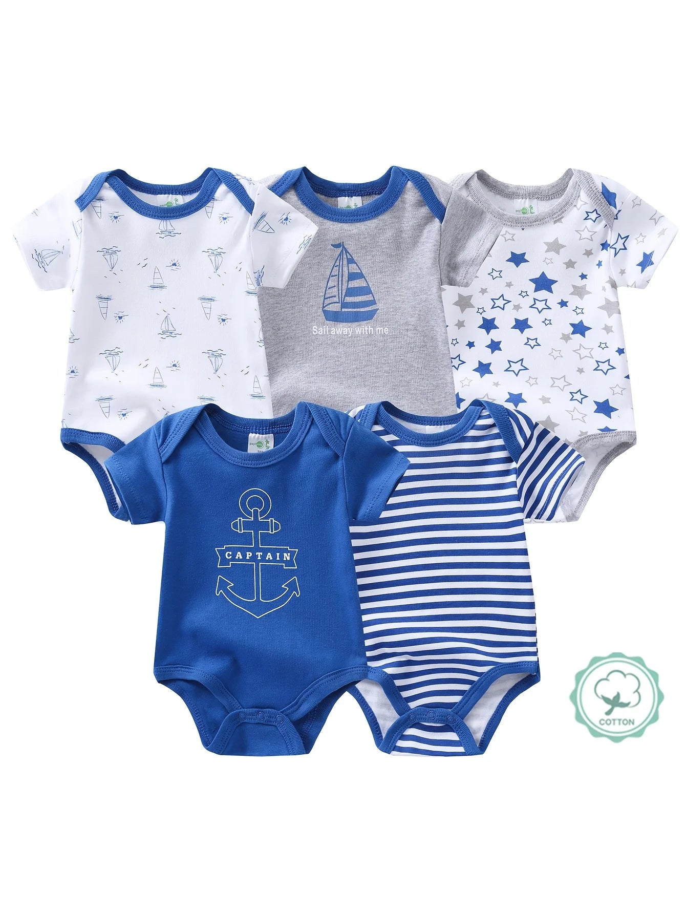 5pcs Baby Boy Triangle Rompers, Creative Baby Bodysuits, Short Crawler Onesies, Short Sleeve Jumpsuits with Sailboat Pattern, Soft Breathable Casual Infant Clothes, Newborn Hospital Essentials, Bargain, for Outdoor
