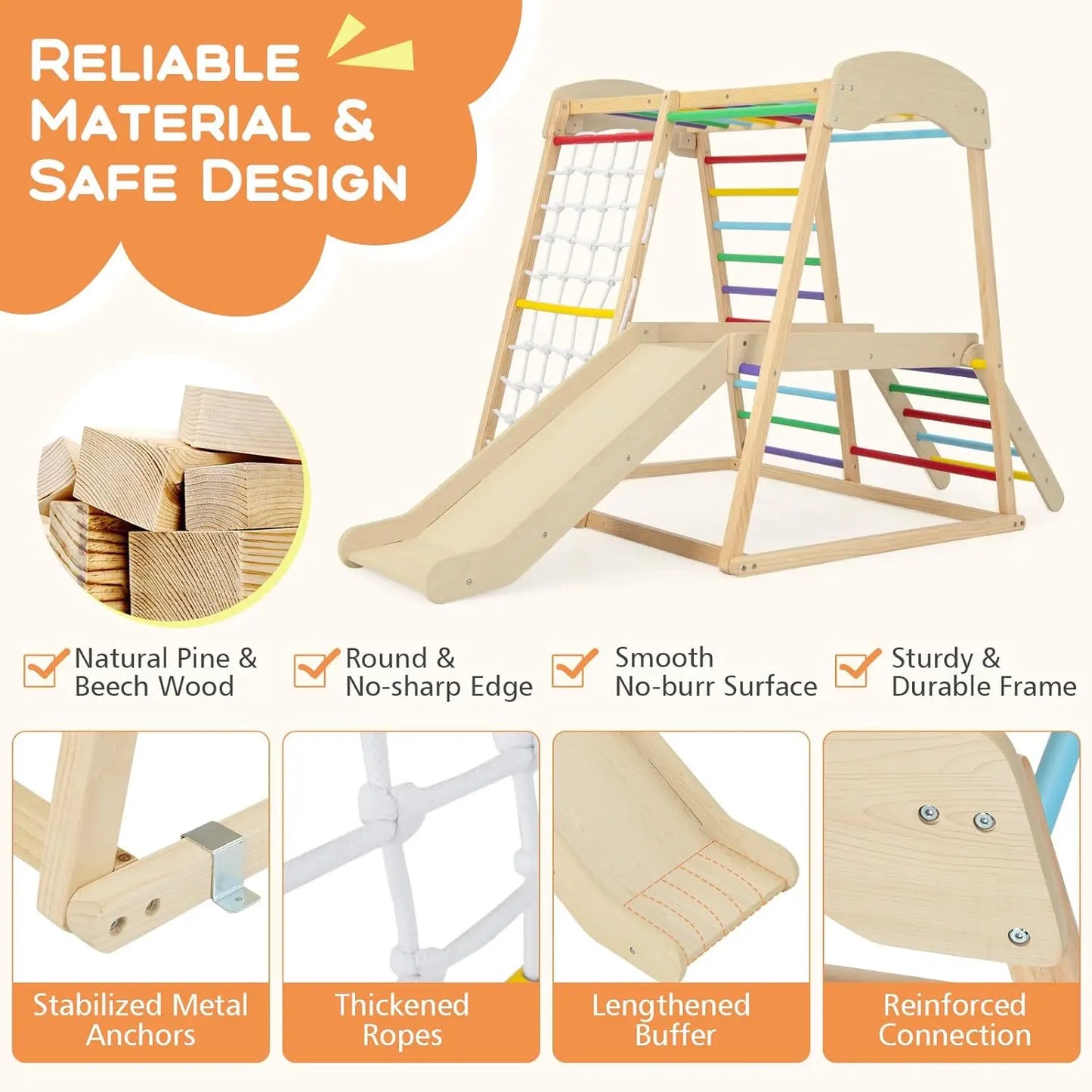 Kids Indoor Jungle Gym, Large 6-in-1 Playground Climber with Slide Ramp, Monkey Bars, Climbing Net, Ladder, Wooden Montessori