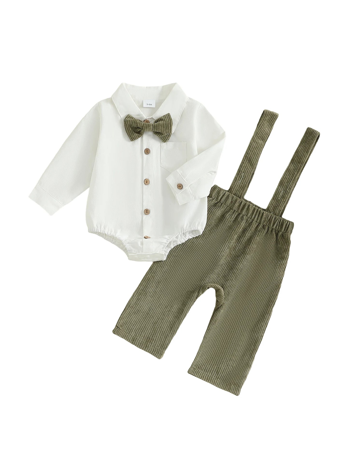 Baby Boy Formal Wear Set Solid Color Button up Shirt Romper with Bow Tie and Suspender Pants for Gentleman Style
