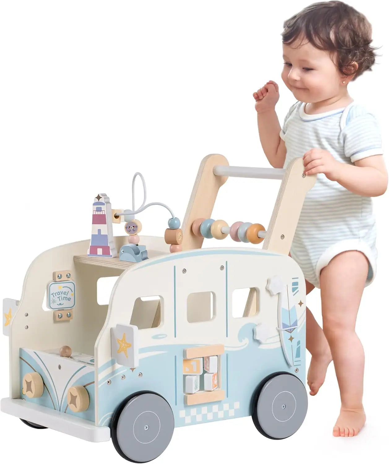 Robotime Robud Wooden Baby Walker Baby Push Along Activity Walkers with Wheels Multifunctional Baby Walker