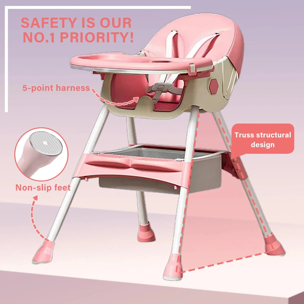 Foldable Baby High Chair Baby Dining Chair with Large Antislip Pad Toy Rack Easy to Clean Feeding Padding Case Accessories