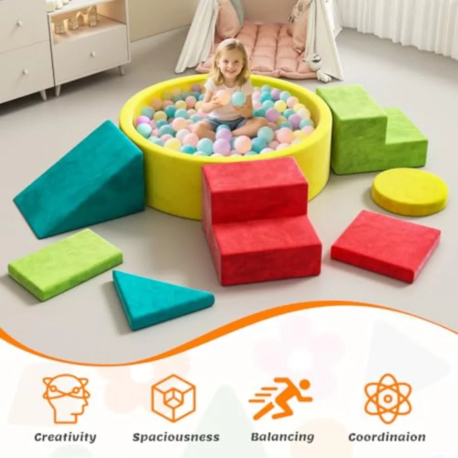 Soft Foam Climbing Blocks Set with Ball Pit for Indoor Play Modular Toddler Climber in Pastel Colors Safe Crawling Sliding Play