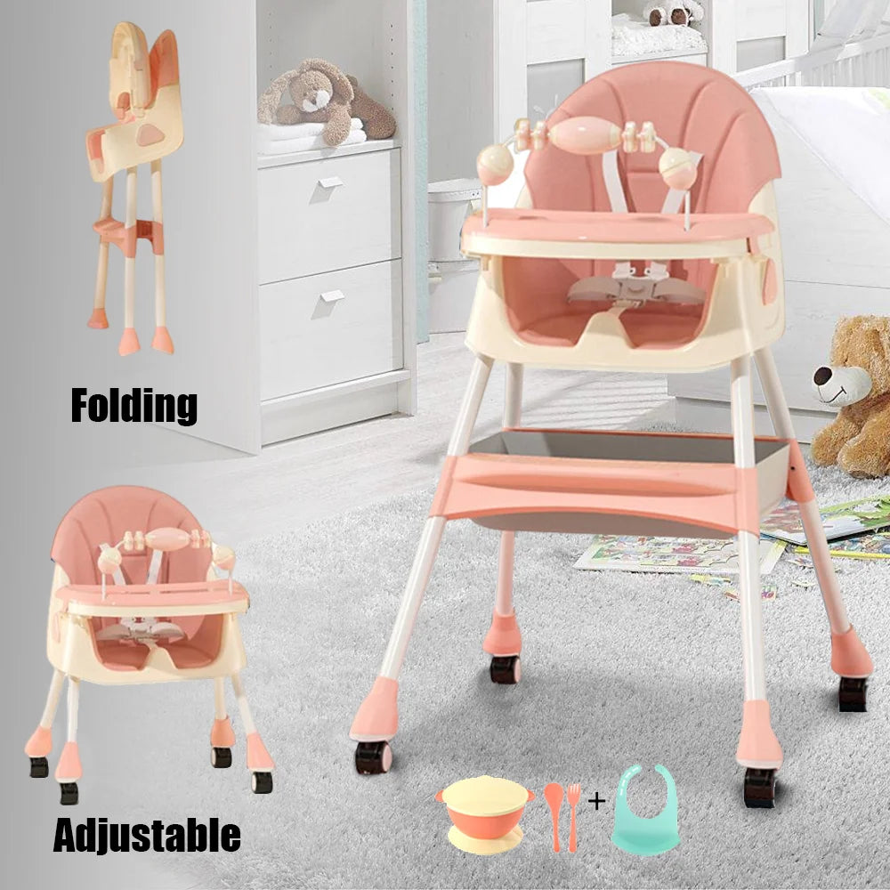 Foldable Baby High Chair Baby Dining Chair with Large Antislip Pad Toy Rack Easy to Clean Feeding Padding Case Accessories